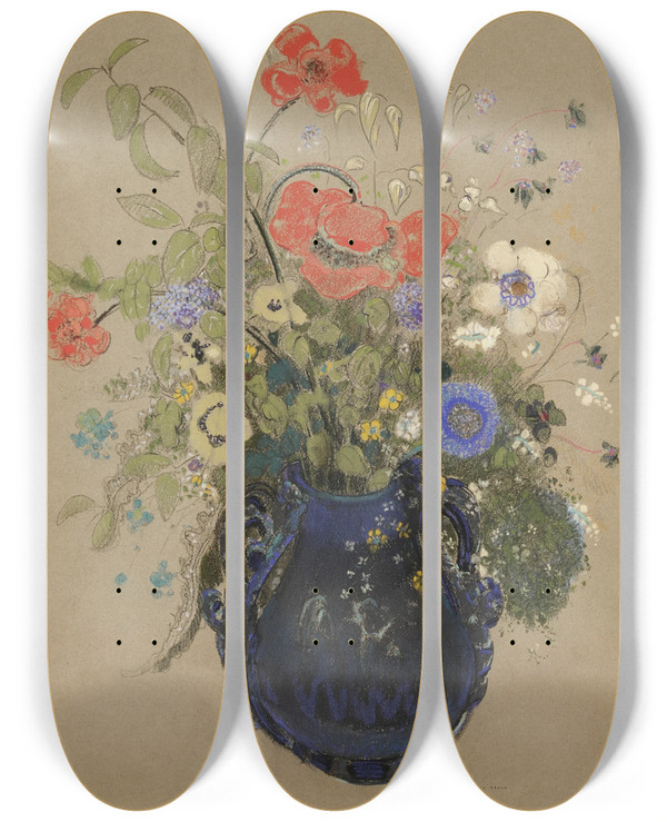 Triptych art skateboard deck of Odilon Redon Vase De Fleurs_2 by Odilon Redon (1840-1916)