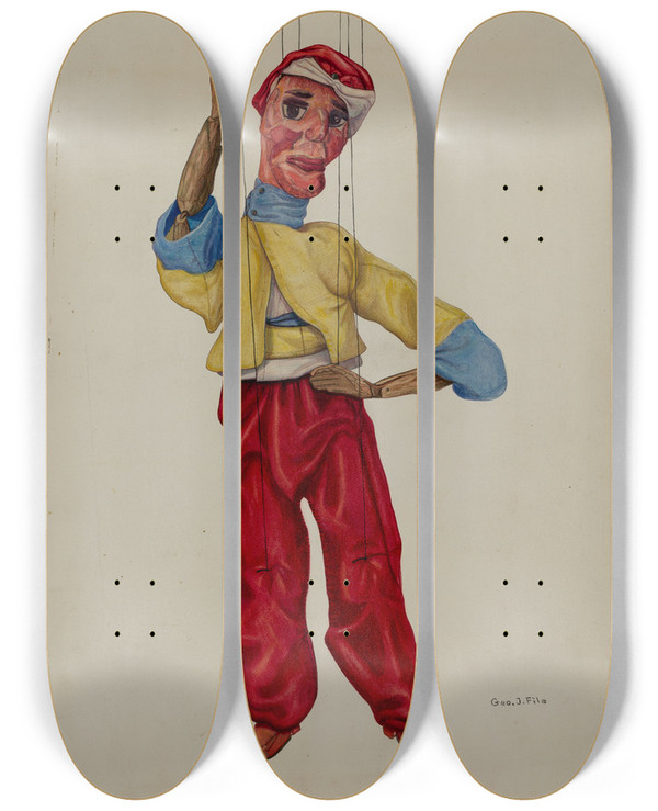 Triptych art skateboard deck of George File Sinbad Marionette by George File