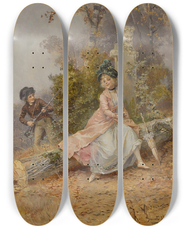 Triptych art skateboard deck of Daniel Hernndez Morillo Lovers Tryst by Daniel Hernandez Morillo (1856-1932)
