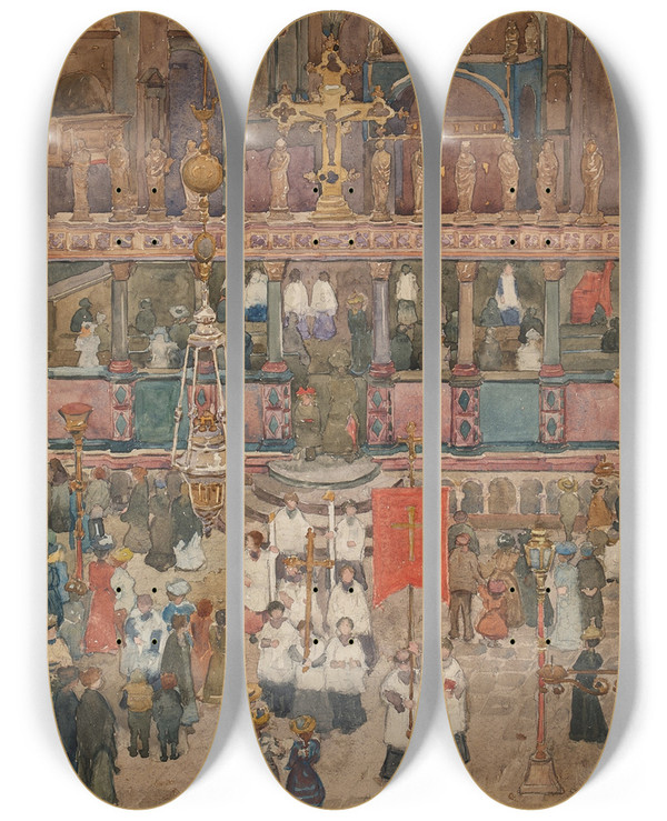 Triptych art skateboard deck of Maurice Prendergast Easter Procession St Marks by Maurice Prendergast (1858-1924)
