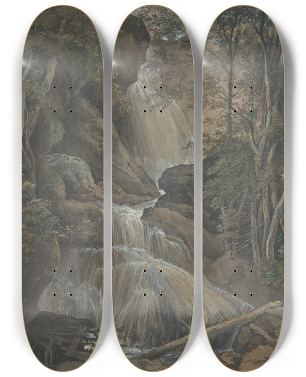 Triptych art skateboard deck of Christoph Nathe A Waterfall In A Forest At Langhennersdorf by Christoph Nathe (1753-1806)