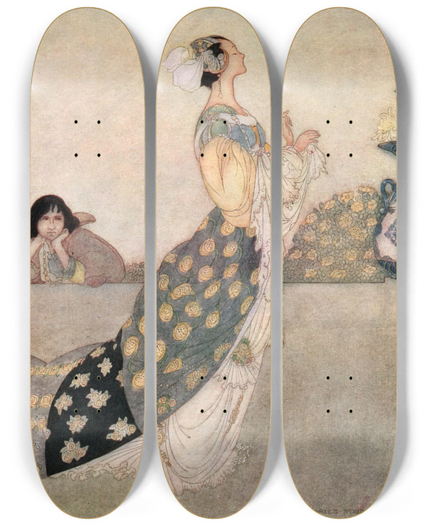Triptych art skateboard deck of Charles Robinson She Will Pass Me By by Charles Robinson (1870-1937)