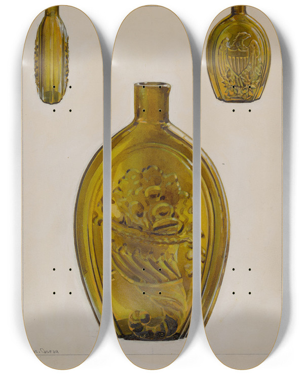 Triptych art skateboard deck of Charles Caseau Flask_12 by Charles Caseau (1880)