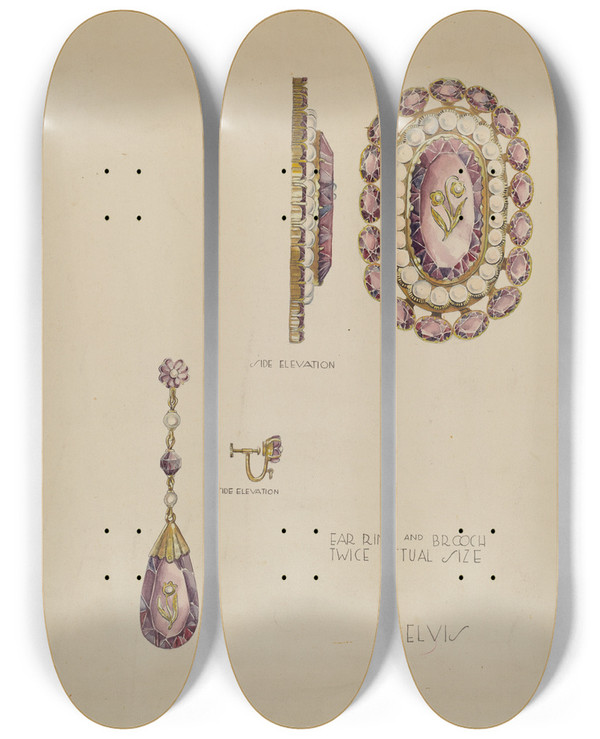 Triptych art skateboard deck of Roberta Elvis Brooch And Earrings by Roberta Elvis