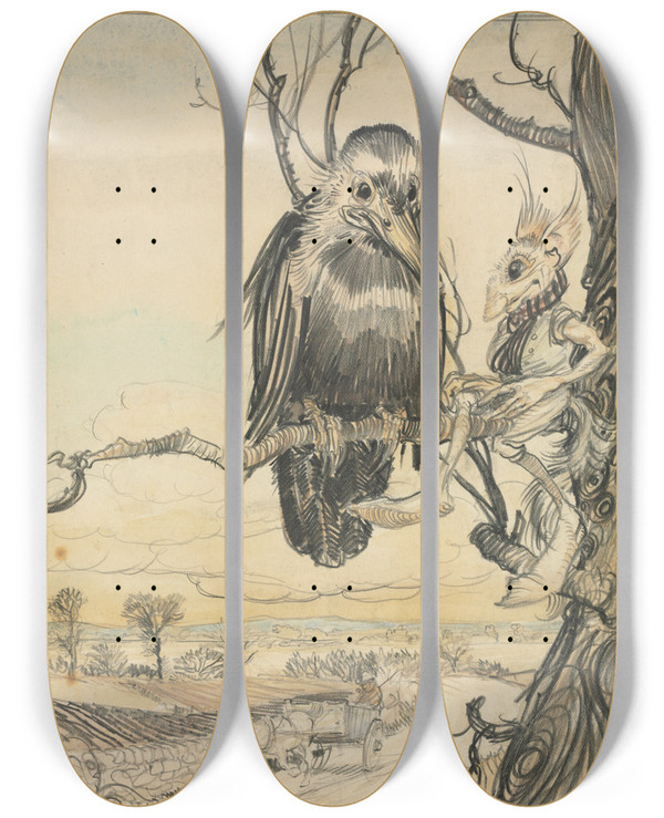 Triptych art skateboard deck of Arthur Rackham A Squirrel And A Crow by Arthur Rackham (1867-1939)