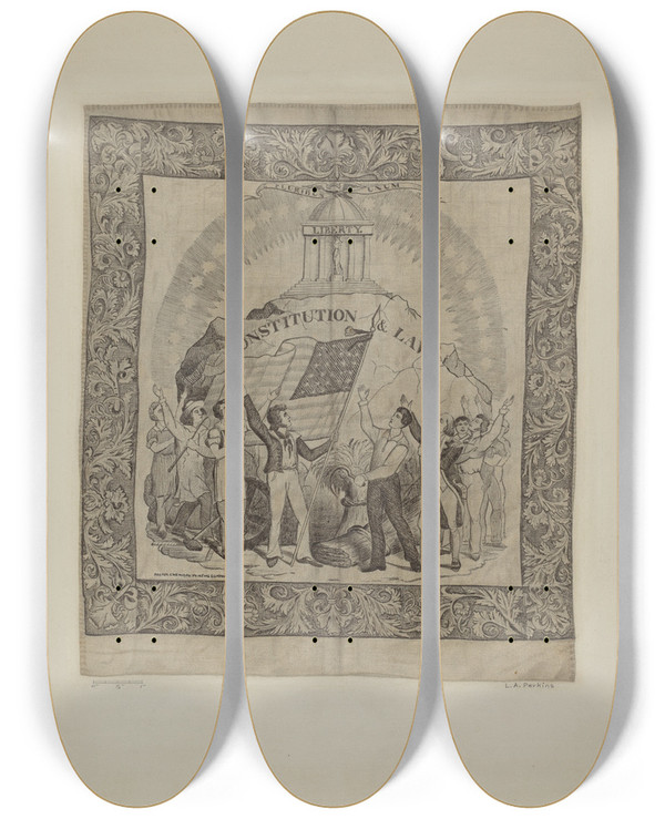 Triptych art skateboard deck of Arlene Perkins Printed Textile Historical by Arlene Perkins