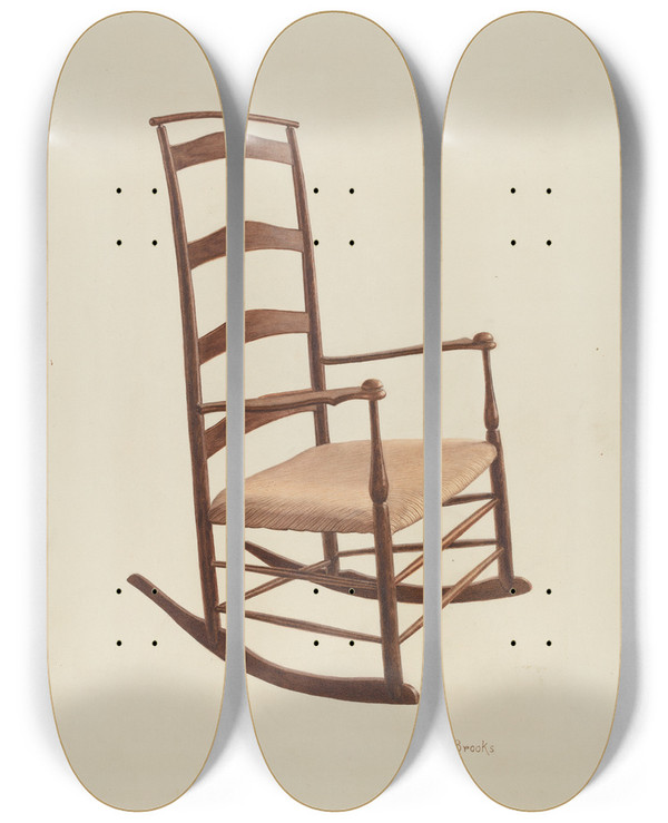 Triptych art skateboard deck of Adele Brooks Shaker Chair Rocker by Adele Brooks