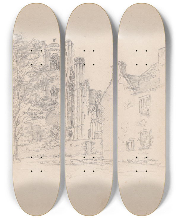 Triptych art skateboard deck of James Moore Dunkeld Cathedral Scotland by James Moore (1762-1799)