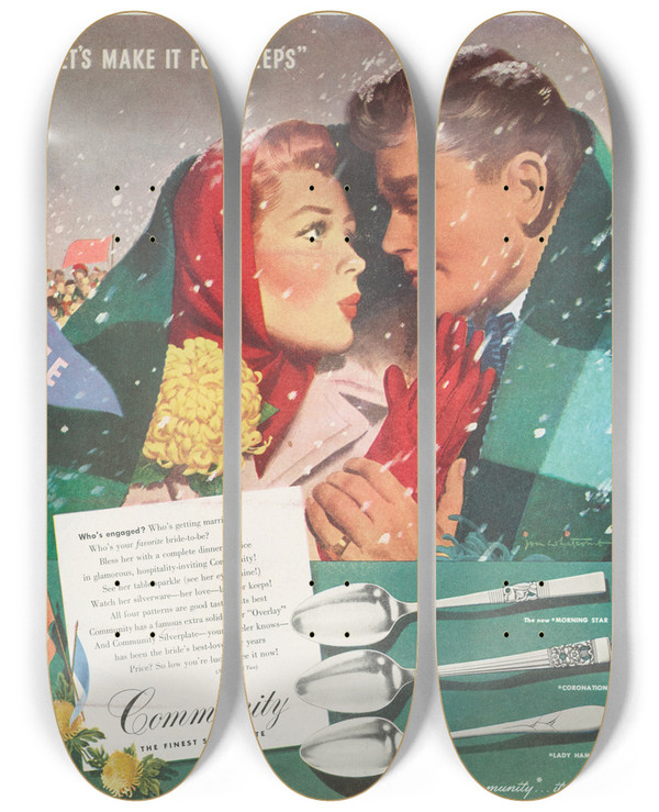 Triptych art skateboard deck of Jon Whitcomb Lets Make It For Keeps by Jon Whitcomb (1906-1988)