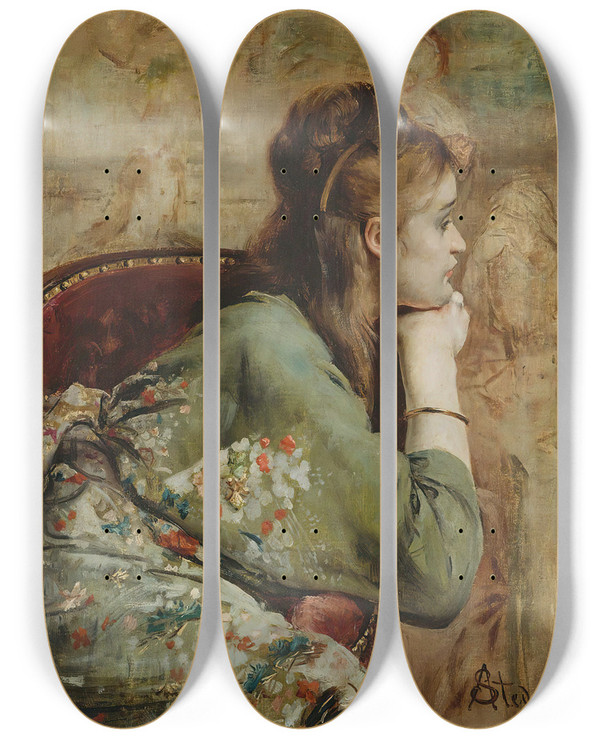 Triptych art skateboard deck of Alfred Stevens Meditation by Alfred Stevens (1817-1875)
