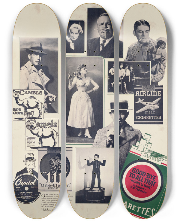 Triptych art skateboard deck of Alan Peckolick Goodbye To All That Harris Lewine by Alan Peckolick (1940-2017)