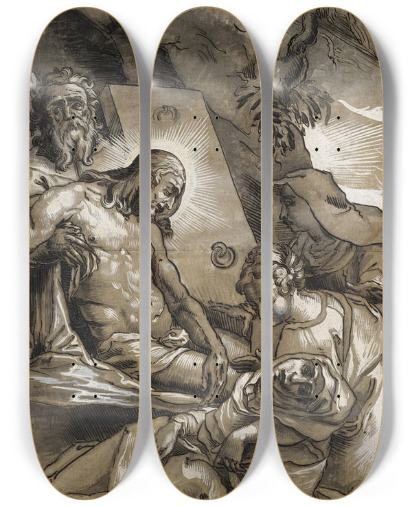 Triptych art skateboard deck of Niklaus Bock Grablegung Christi by Niklaus Bock (1580-1624)