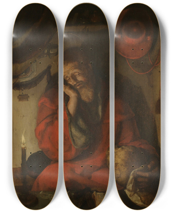 Triptych art skateboard deck of Aertgen Claesz Van Leyden Saint Jerome In His Study By Candlelight by Aertgen Claesz Van Leyden (1498-1564)