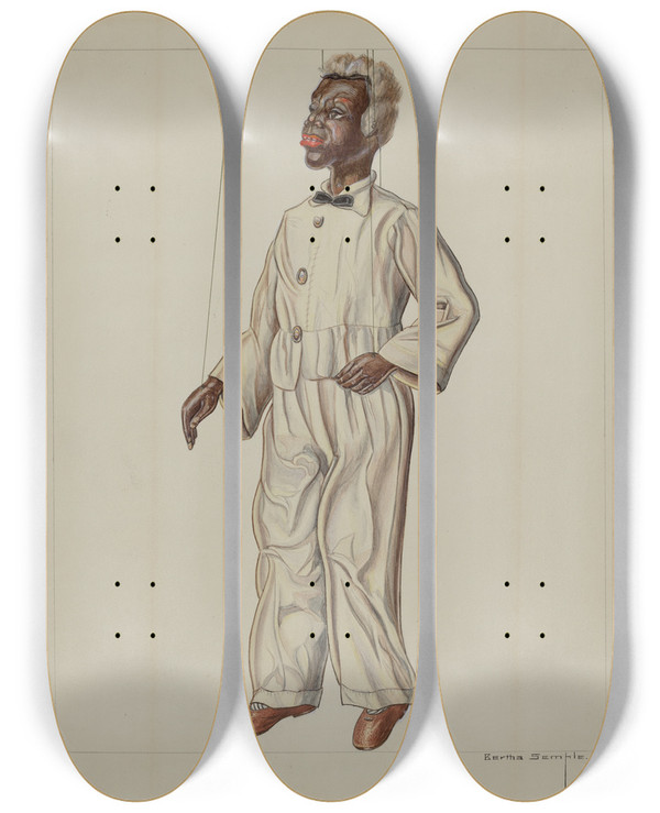 Triptych art skateboard deck of Bertha Semple Puppet Uncle Tom by Bertha Semple
