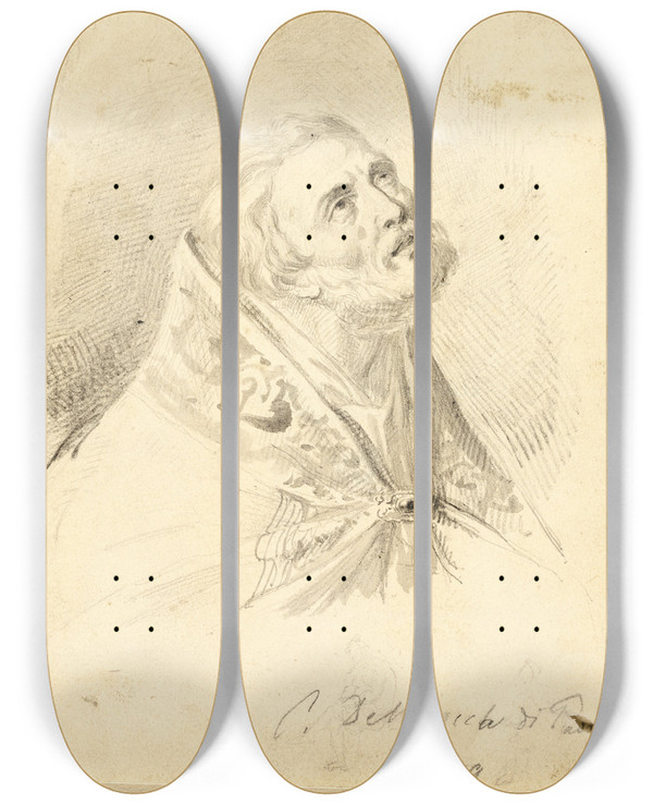 Triptych art skateboard deck of Carlo Dellarocca Bust Of Bishop Saint With Slight Figure Sketches by Carlo Dellarocca (1824)
