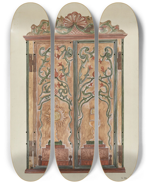 Triptych art skateboard deck of Vera Van Voris Handcarved Cabinet by Vera Van Voris