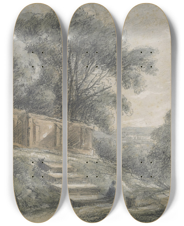 Triptych art skateboard deck of John Laporte Landscape With Sloping Steps by John Laporte (1761-1839)