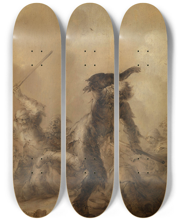 Triptych art skateboard deck of Adriaen Van De Venne Dicing Drabbing And Drinking Bring Man To Destruction by Adriaen van de Venne (1589-1662)
