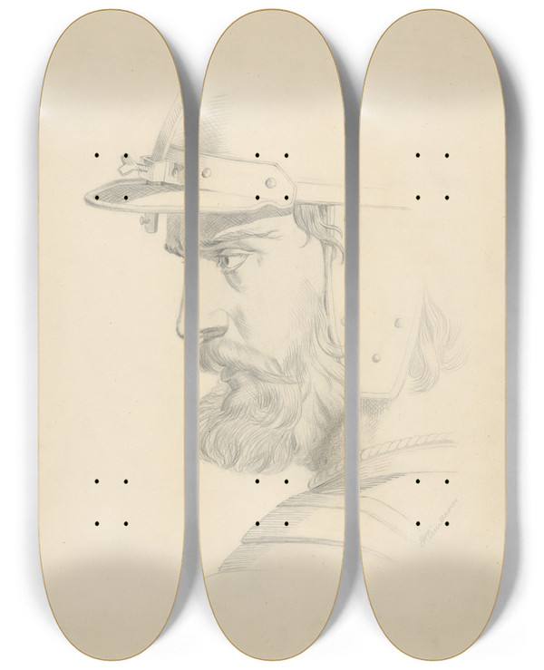 Triptych art skateboard deck of Frantiek Klimkovi Mans Head With A Helmet by Frantisek Klimkovic (1826-1890)