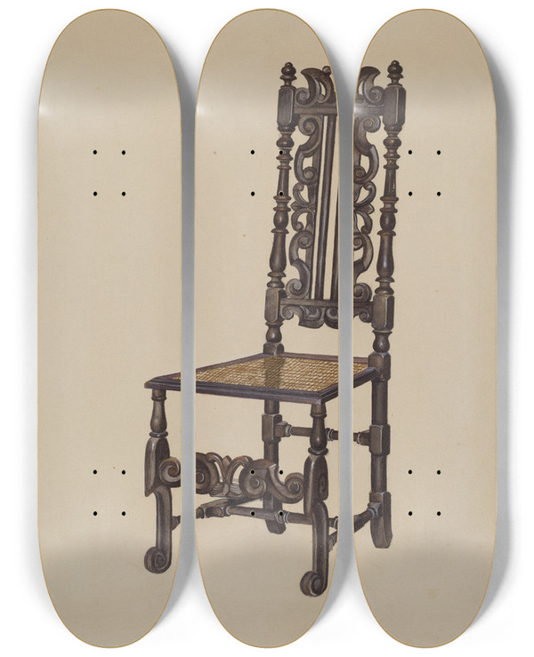 Triptych art skateboard deck of Louis Annino High Back Side Chair by Louis Annino