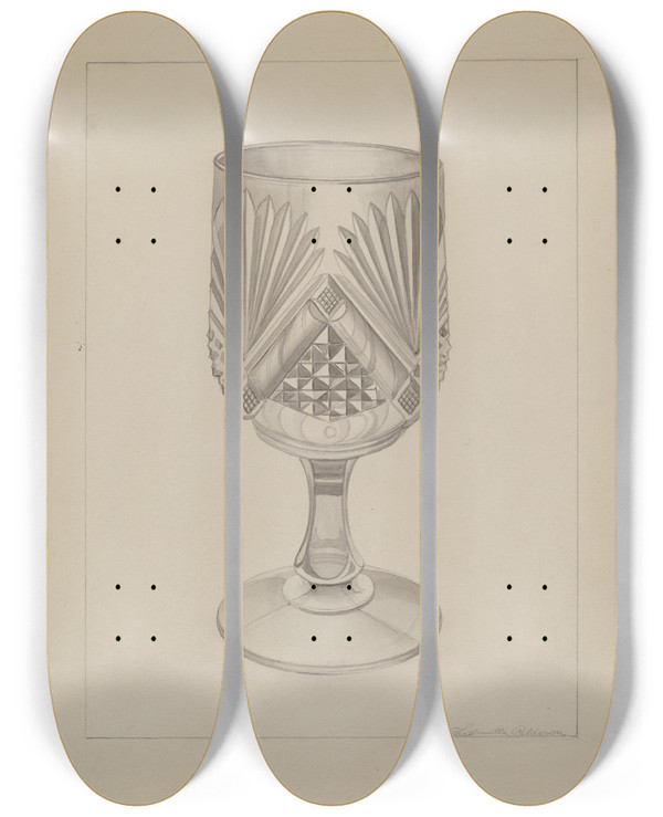 Triptych art skateboard deck of Ludmilla Calderon Molded Water Glass by Ludmilla Calderon