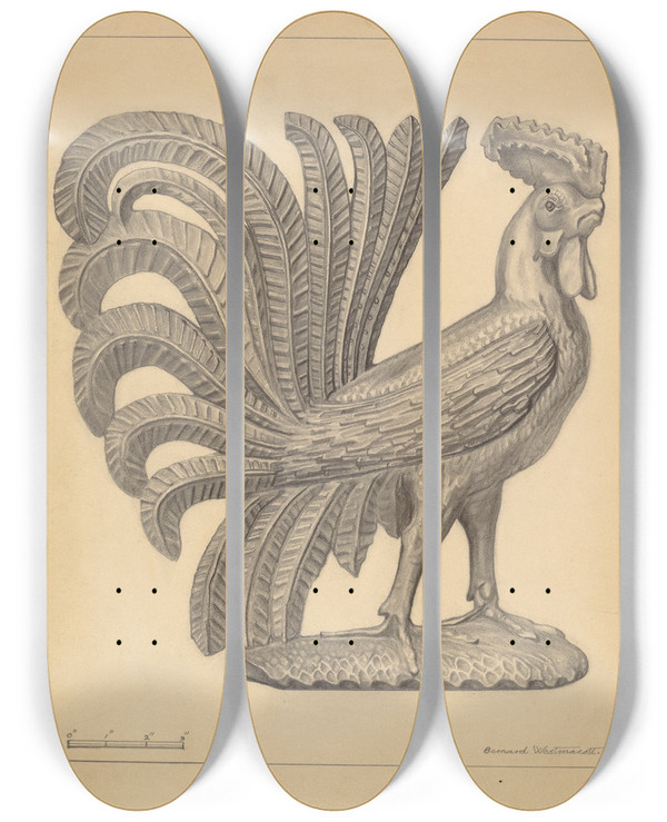 Triptych art skateboard deck of Bernard Westmacott Figurine Cock by Bernard Westmacott