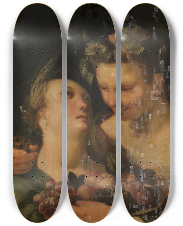 Triptych art skateboard deck of Cornelis Cornelisz Van Haarlem Ceres And Bacchus by Cornelis Cornelisz Van Haarlem (1562-1638)