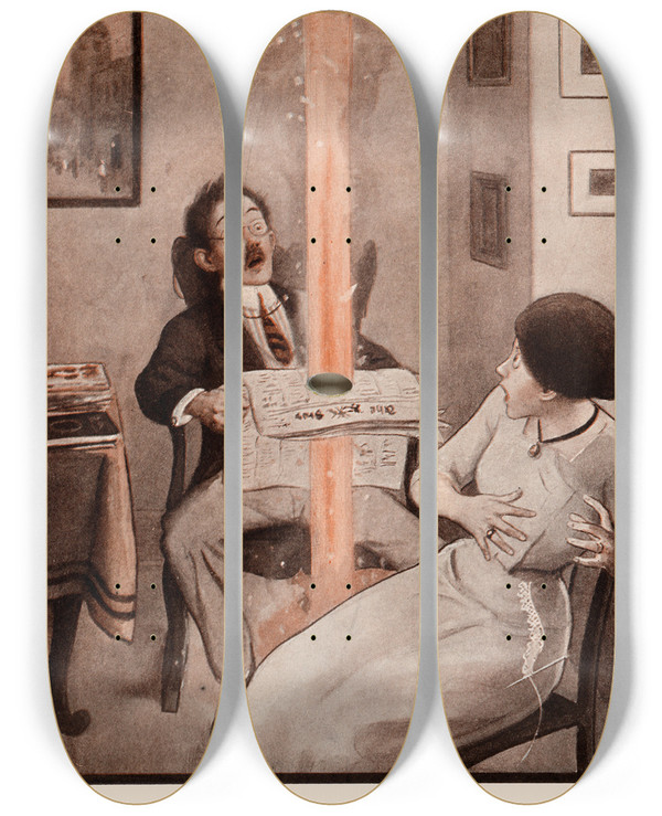 Triptych art skateboard deck of Peter Newell The Rocket Book Pl 16 by Peter Newell (1862-1924)