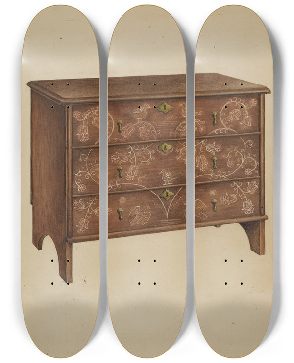 Triptych art skateboard deck of Isidore Sovensky Chest With Drawers by Isidore Sovensky