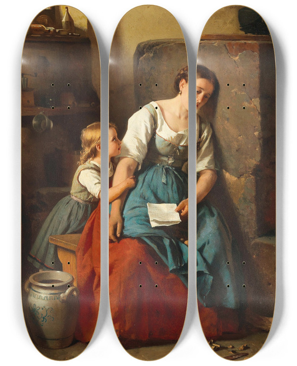Triptych art skateboard deck of Berthold Woltze Der Brief by Berthold Woltze (1829-1896)