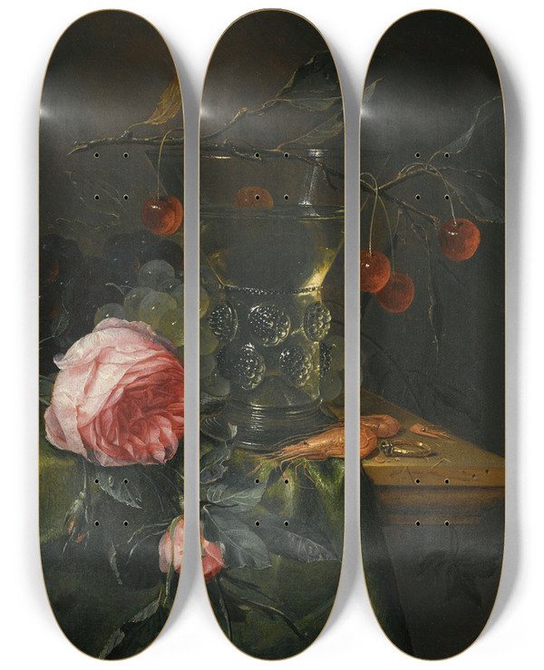 Triptych art skateboard deck of Pieter De Ring A Still Life With A Cherry Branch Over A Halffull Conical Roemer Red And Green Grapes by Pieter de Ring (1615-1660)
