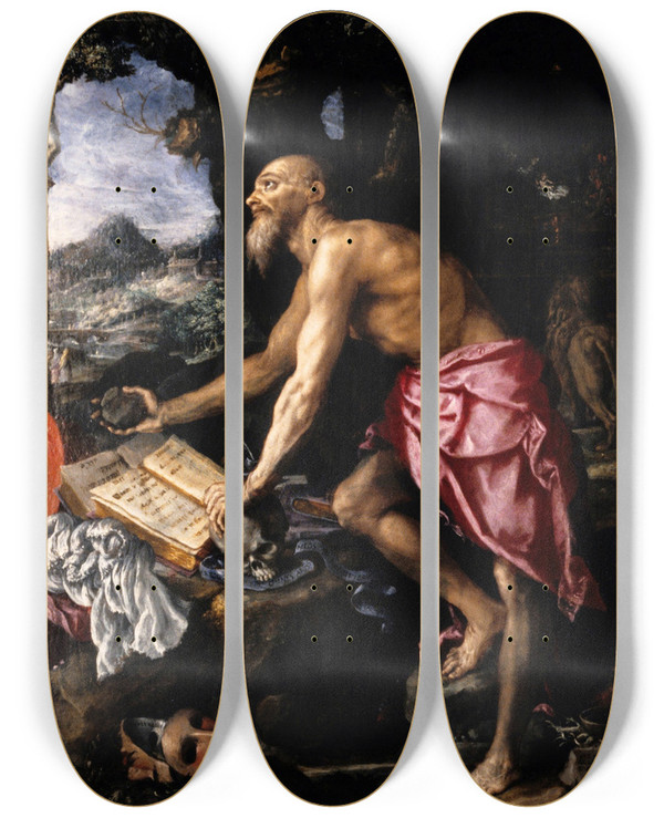Triptych art skateboard deck of Alessandro Allori The Penitent Saint Jerome by Alessandro Allori (1535-1607)