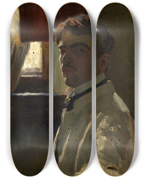 Triptych art skateboard deck of Alexander Kanoldt Selfportrait_2 by Alexander Kanoldt (1881-1939)