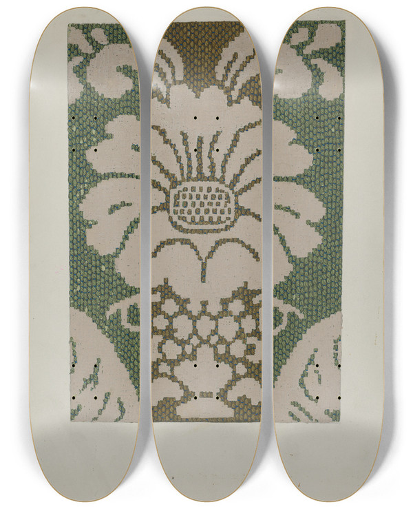 Triptych art skateboard deck of Ruth M Barnes Coverlet_11 by Ruth M Barnes