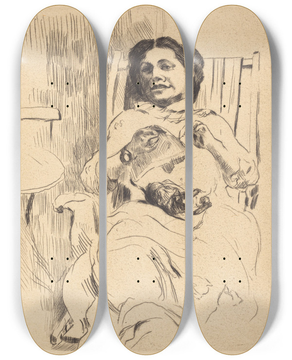 Triptych art skateboard deck of Lovis Corinth Woman With Needlework Frau Mit Handarbeit by Lovis Corinth (1858-1925)