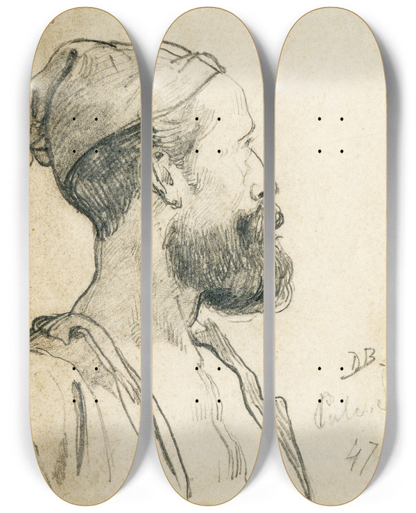Triptych art skateboard deck of David Bles Head Of A Man With Cap And Beard by David Bles (1821-1899)
