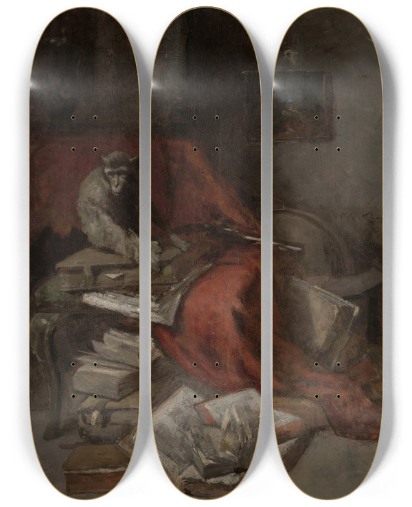 Triptych art skateboard deck of William Merritt Chase Monkeying Withliterature by William Merritt Chase (1849-1916)