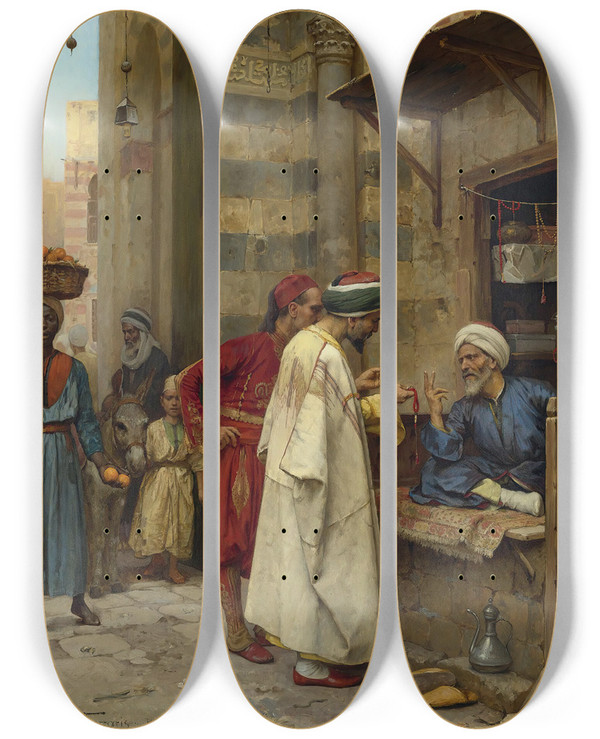 Triptych art skateboard deck of Arthur Von Ferraris Driving A Bargain Cairo by Arthur Von Ferraris (1856-1936)