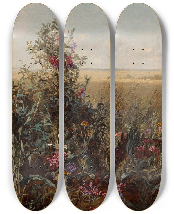 Triptych art skateboard deck of Jerome Thompson Wild Flowers by Jerome Thompson (1814-1886)