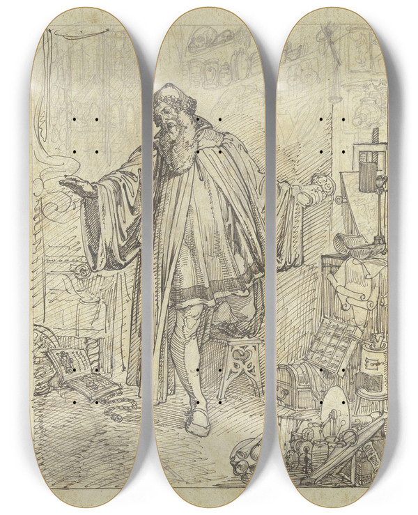 Triptych art skateboard deck of Ferdinand Fellner Faust In Seiner Studierstube Mit Dem Giftbecher In Seiner Rechten by Ferdinand Fellner (1799-1859)