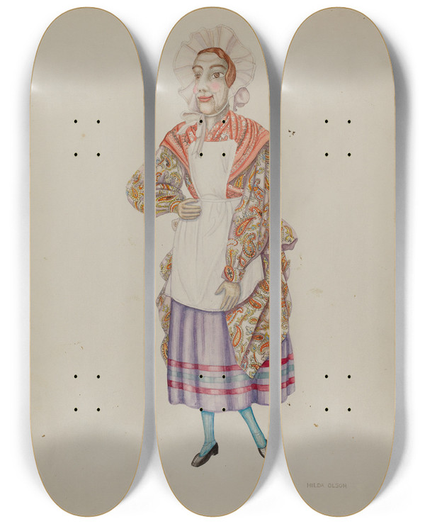 Triptych art skateboard deck of Hilda Olson Marionette Biddy by Hilda Olson