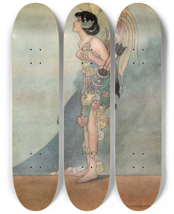 Triptych art skateboard deck of Charles Robinson His Lips Are Sweet As Honey by Charles Robinson (1870-1937)