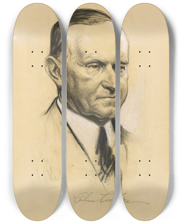 Triptych art skateboard deck of Samuel Johnson Woolf Calvin Coolidge by Samuel Johnson Woolf (1880-1948)