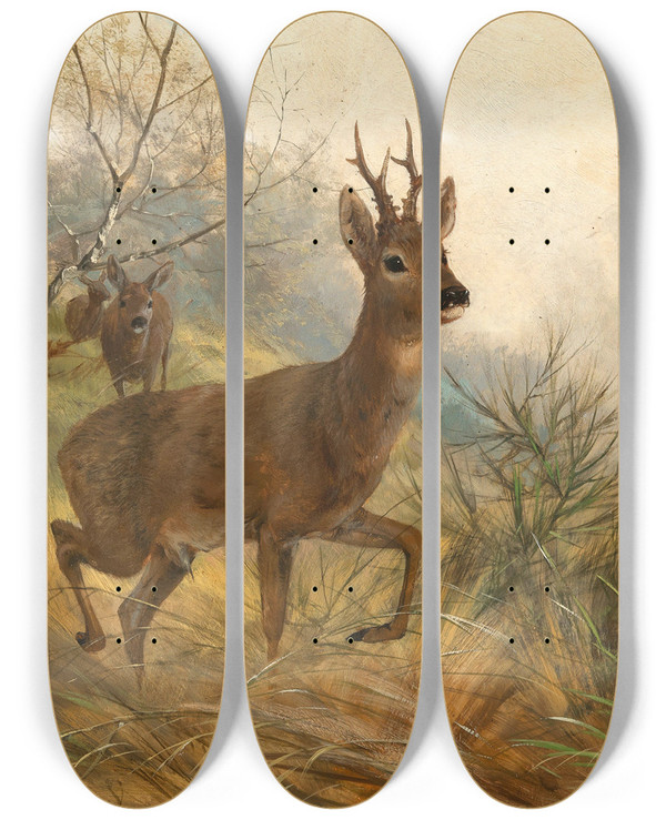 Triptych art skateboard deck of Carl Friedrich Deiker A Buck And A Doe by Carl Friedrich Deiker (1836-1892)