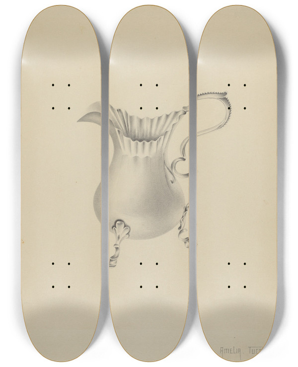 Triptych art skateboard deck of Amelia Tuccio Silver Creamer_1 by Amelia Tuccio (20-)