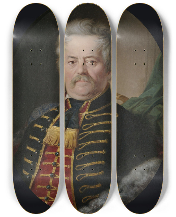 Triptych art skateboard deck of Anton Ebert Bildnis Eines Vornehmen Herrn In Husarenuniform by Anton Ebert (1845-1896)