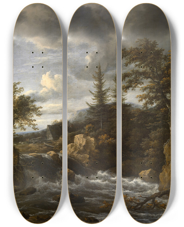 Triptych art skateboard deck of Jacob Van Ruisdael Waterfall In Norway by Jacob Van Ruisdael (1628-1682)