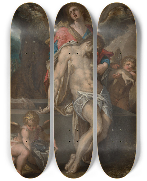 Triptych art skateboard deck of Bartholomaeus Spranger Engelen Dragen Het Lichaam Van Christus Engelenpiet by Bartholomaeus Spranger (1546-1611)