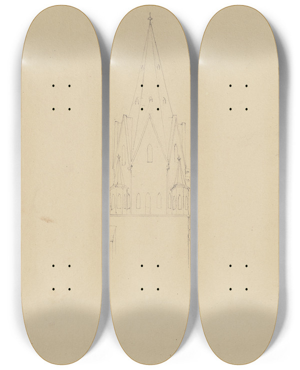 Triptych art skateboard deck of Friedrich Wilhelm Ludwig Tower In Oberursel by Friedrich Wilhelm Ludwig (1828)