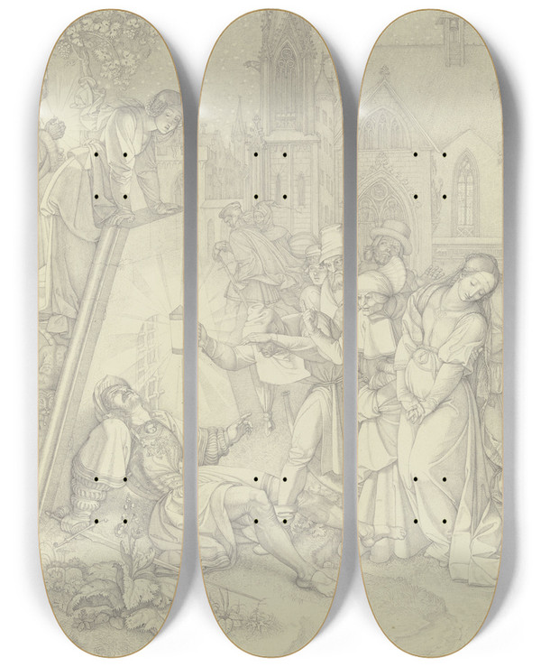 Triptych art skateboard deck of Peter Von Cornelius Nachtstck Strae Vor Gretchens Tre_1 by Peter Von Cornelius (1784-1867)